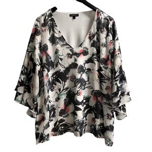 Lane Bryant Top White Sheer Chiffon Black Floral Blouse Tunic Size 26‎ Flowy